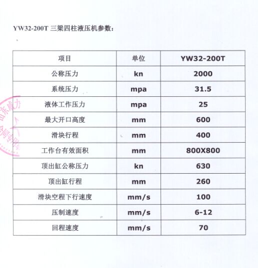 200吨液压机技术参数