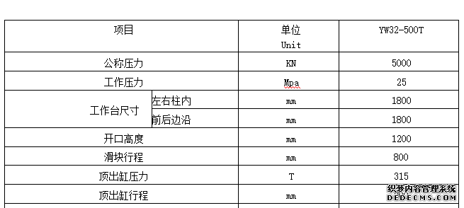 500吨四柱液压机技术参数